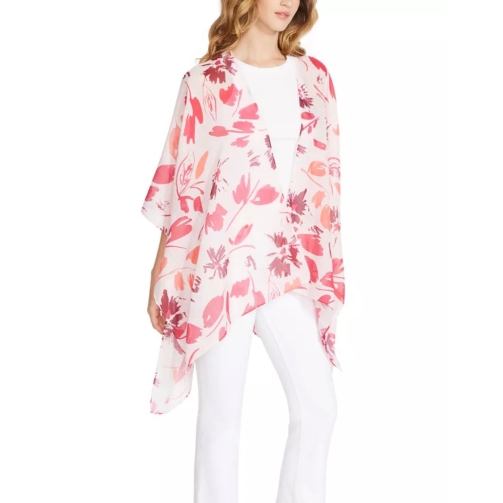 Anne Klein Kimono Top Womens Pink Floral Wrap OSFM